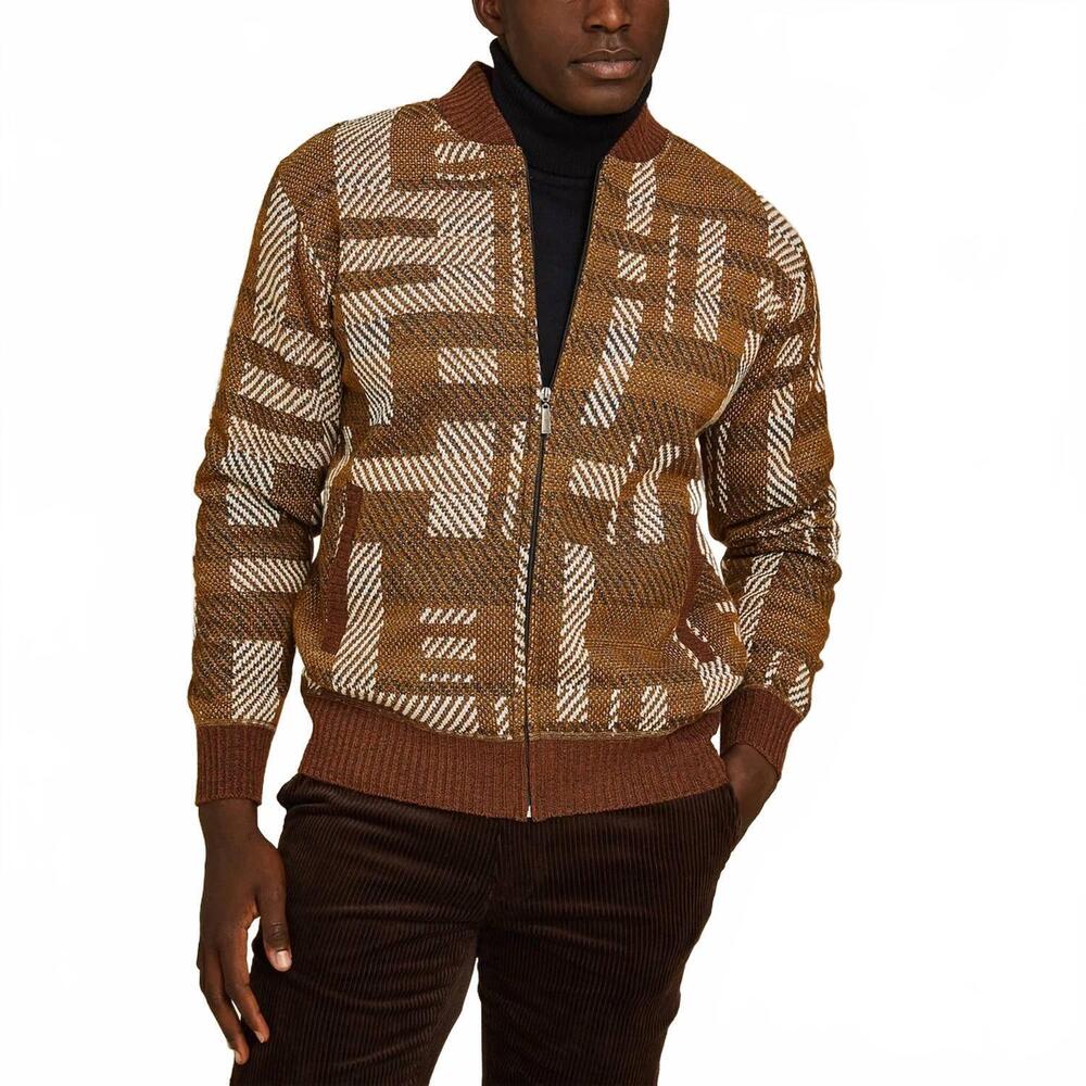 NEW INSERCH geometric full zip baseball knit jacket in aztec